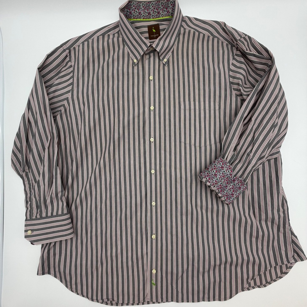 Tailorbyrd Mens 3XL Striped Button Down Shirt Grey Floral Flip Cuff Cotton - Picture 2 of 10